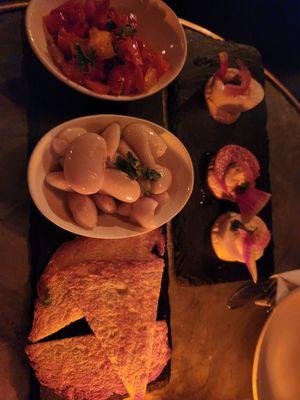 Roaster peppers, gigante beens, bread toast, deviled eggs