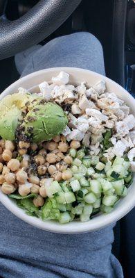 Jr salad, chickpeas, cucumbers and chicken!