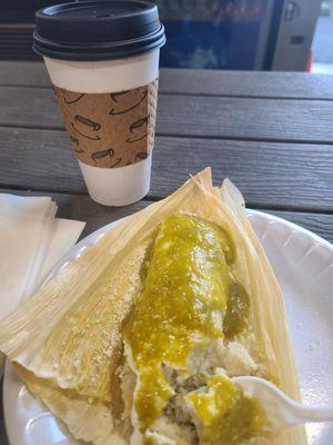 Chicken tamale and tall coffee.