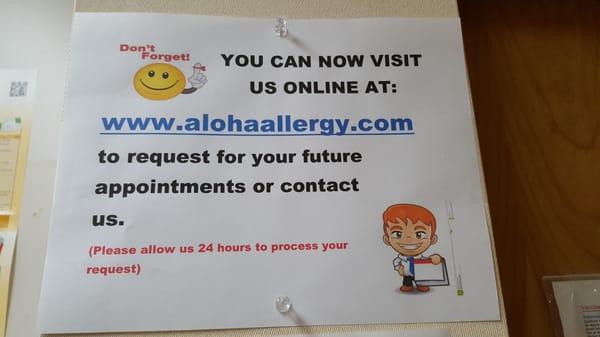 New updates. Good news!! Now you can reach us to request for appointments online at www.alohaallergy.com.. Utilize our website...