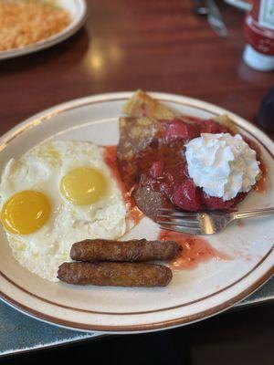 Strawberry Crèpe w/ sausage & eggs