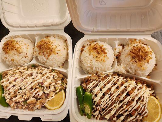 Chicken (left) and pork (right) sisig with garlic rice