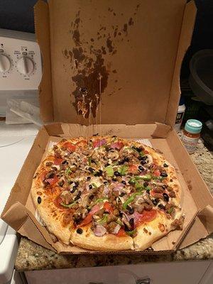 Pizza delivered last night about 8:00pm by a young man. He really didn't care that he crushed the pizza.