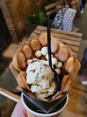 Delicious!  Fresh made bubble waffle with Reese's Pieces, cookie dough ice cream and birthday cake bites.