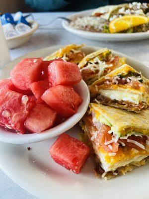 Breakfast quesadilla with fresh fruit  was delicious!