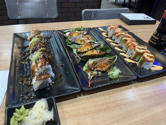 Dragon Sushi Roll, Baked Mussels with Sweet Sauce