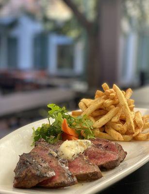 Outside Patio. Steak and Fries.