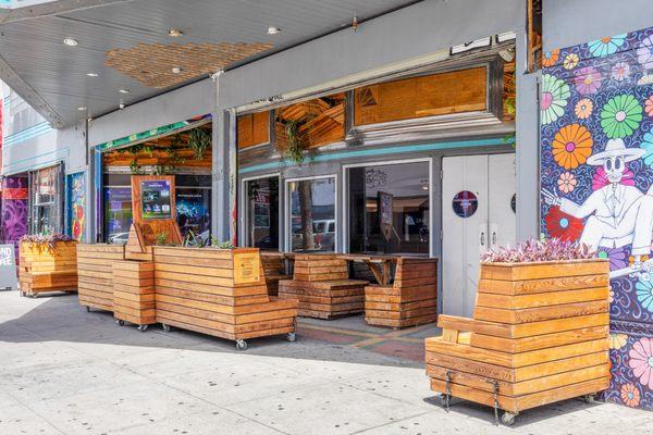 Outdoor seating for a conference event for rent, a private party, workshop, or talk series in the Mission in San Francisco