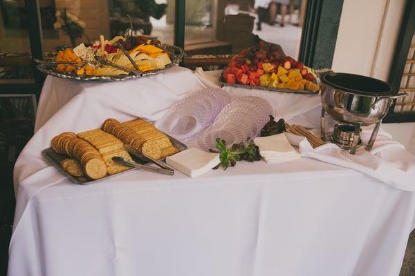 Cheese and fruit appetizer trays with chocolate fountain (not put in yet)