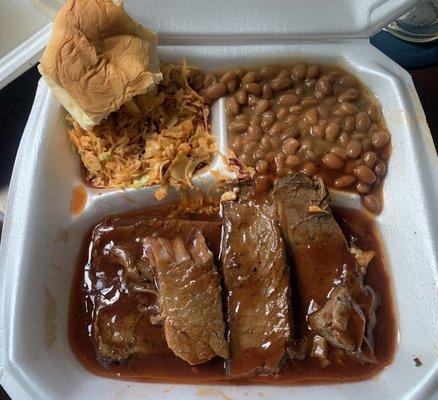 Brisket with slaw, baked beans, roll.