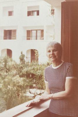 1976 Lagos Portugal. Mami at our hotel in Lagos, it had a very lovely courtyard. NYC.