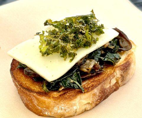 Mushroom and Kale sautéed in garlic and onions, topped in cheese and kale chips.