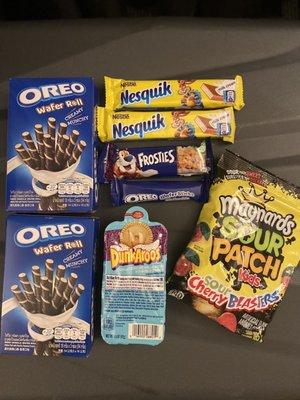 Oreo wafer rolls, Nesquick bars, dunksroos and sour patch kids cherry blasters.