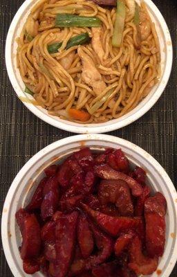 Chicken lo mein, boneless pork ribs.