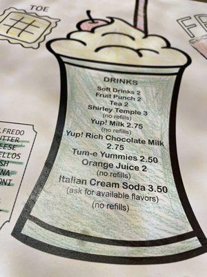 Kids drink menu