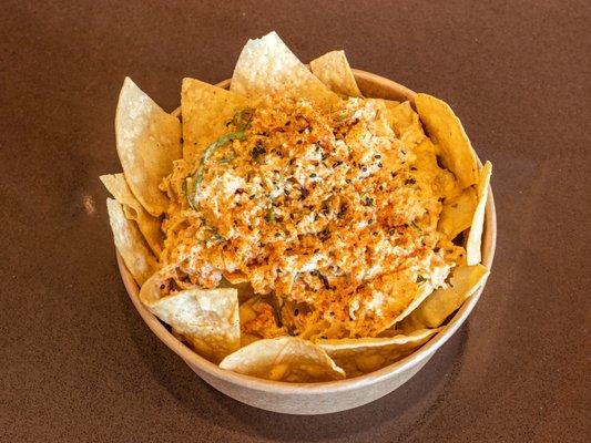 Chips & Dip. Tortilla chips, three scoops of crabmeat, seaweed salad, Ohana + Maui sauce.