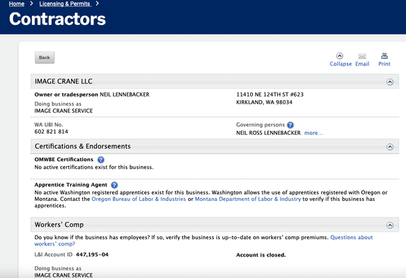 screenshot 2 from Washington LNI website confirming not currently licensed contractor