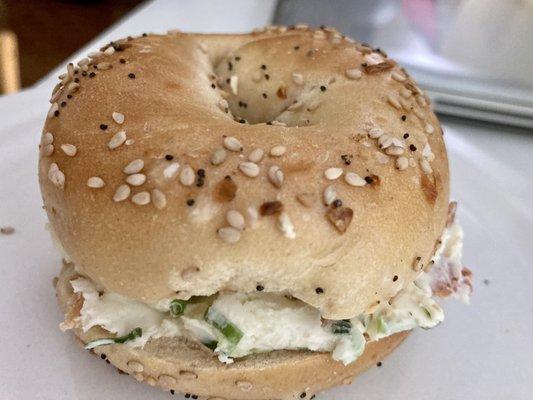 This mini Everything Bagel is delicious. Moist and soft inside and a light crunch outside. I added Bacon Scallion Cream Cheese. 11/07/21