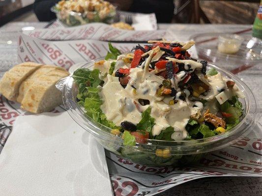 southwest chicken salad with warm sourdough bread