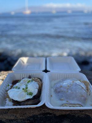 Short rib loco and macnilla pancakes