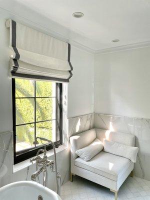 Custom designer white roman shades for the master bathroom in Pacific palisades home