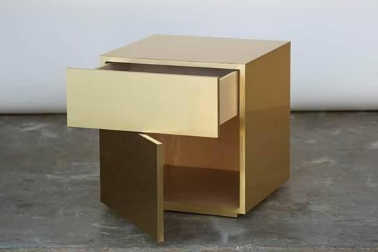 Brass veneered night stand built for designer Sabin Ousey. No handles. Door and drawer opens with a push of the finger on the front surface.