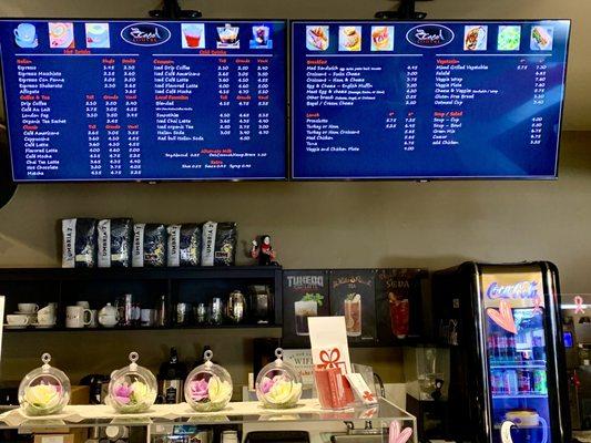 June 2021 - coffee and food menu. Note the pastries are not listed here but are in a glass case just below the counter.