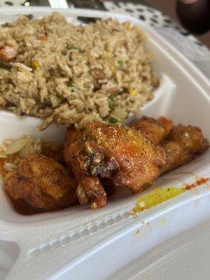 Chicken Fried Rice with 5 pc Wings Lemon Pepper Wet Hot