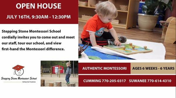 Stepping Stone Montessori School (SSMS) would like to invite you to come tour our school on July 16th between 9.30 am and 12....