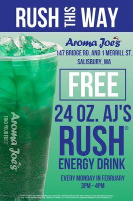 Free rush Mondays in February 3p-4p.   24oz rush only