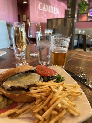 cheddar burger with shoestring fries! Amazing. Toasty bun! Yum