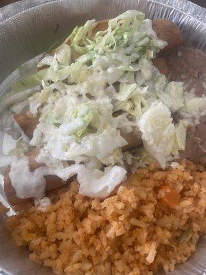 3 Chicken Flautas with beans and rice