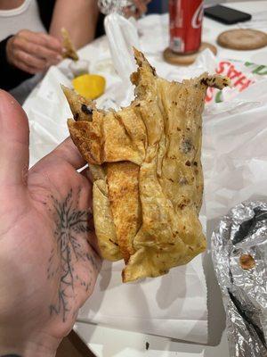 Cheese fries wrapped in a burnt tortilla