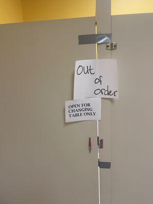 Out of order bathroom stalls (2 out of 3 inoperable).