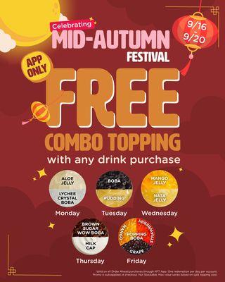 FREE TOPPING?!?!  Limited time offer. App user only, please download Kung Fu Tea App to redeem this offer!