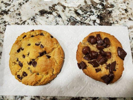 Insomnia triple chocolate chip on the right, competitor's cookie on the left