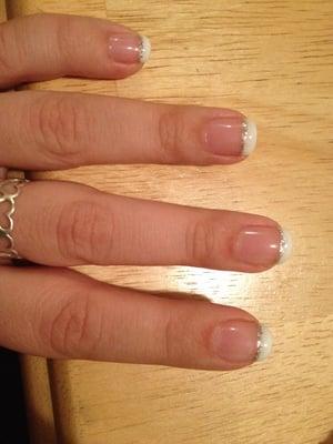 Gel French with a silver line! $30. Cheapest and (if you get Kathy) best in town.