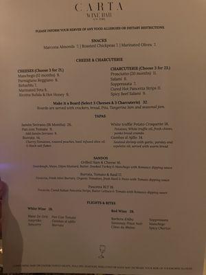 Food and pairings menu