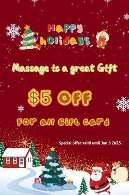 Happy holidays!!~ Massages are the Best Gift for the one who you love and care. Don't miss this chance to get $5 off for All gift cards.