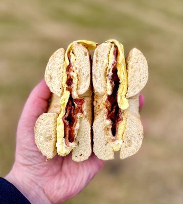 Bacon egg and cheese on an onion bagel