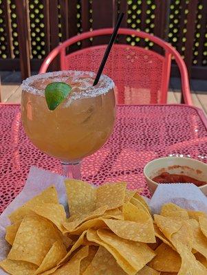 Complimentary chips and salsa and the BIG house margarita.