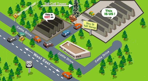 Turn Right onto Cattle Dr, take another immediate right ( still Cattle Dr ) pass in front of Gateway storage and turn left. See photo above