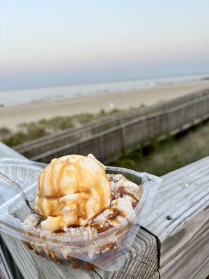 Coffee Cake and Vanilla ice cream sundae with caramel topping