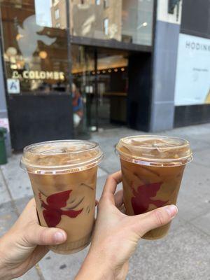 Both cold brew with pumpkin pie chai oatmilk draft latte: left is half tan, right is tan line