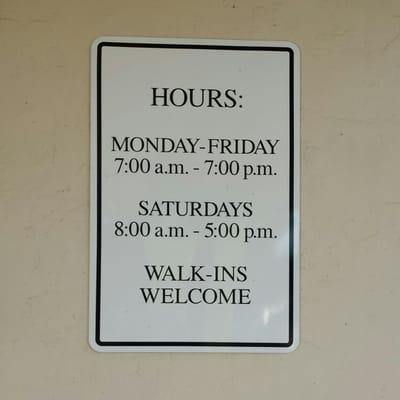 New Hours, Mon-Fri 7am to 7pm, Sat-Sun 8am to 5pm.  As of June 2015