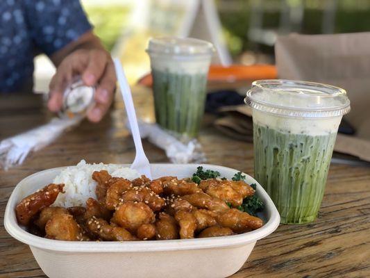 Orange chicken, crunchy kale & sweet cream green tea