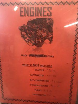 Engine price list placed on their front counter.