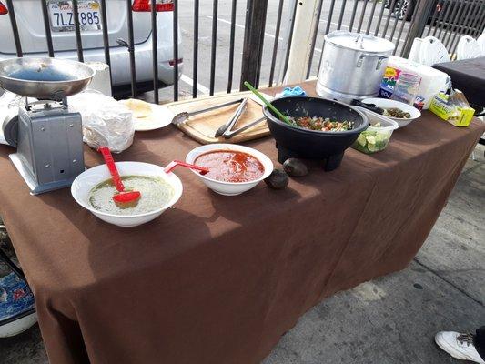 Green salsa, red salsa, and fresh salsa.