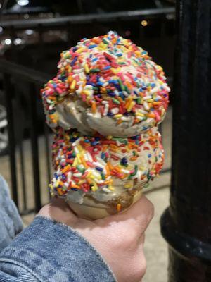 Salted Carmel pretzel with rainbow sprinkles