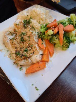 Fish with salty veggies and Yes fake risotto